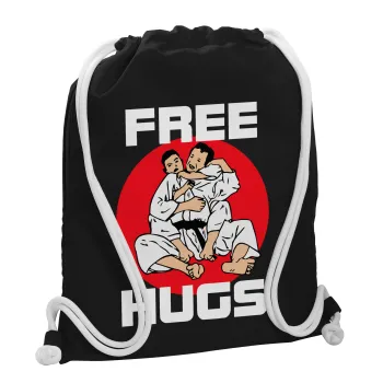 JUDO free hugs, Backpack pouch GYMBAG Black, with pocket (40x48cm) & thick white cords