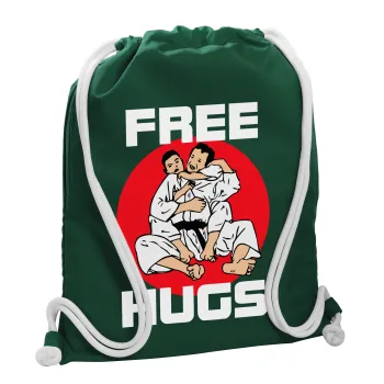 JUDO free hugs, Backpack pouch GYMBAG BOTTLE GREEN, with pocket (40x48cm) & thick white cords