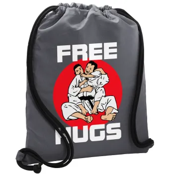 JUDO free hugs, Backpack pouch GYMBAG GREY, with pocket (40x48cm) & thick cords