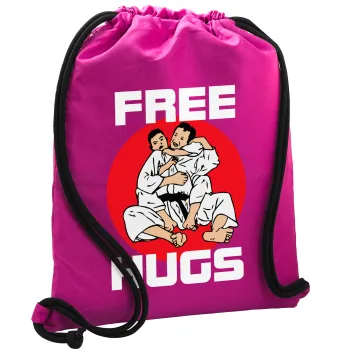 JUDO free hugs, Backpack pouch GYMBAG Fuchsia, with pocket (40x48cm) & thick cords