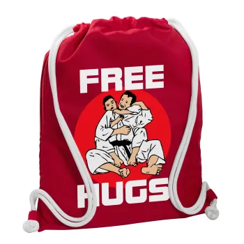 JUDO free hugs, Backpack pouch GYMBAG Red, with pocket (40x48cm) & thick cords