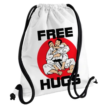 JUDO free hugs, Τσάντα πλάτης πουγκί GYMBAG λευκή, με τσέπη (40x48cm) & χονδρά κορδόνια