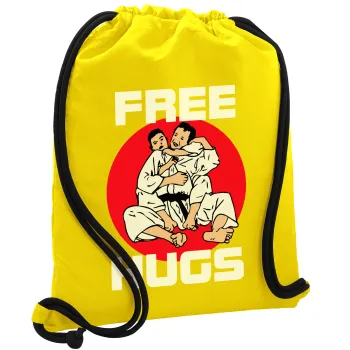 JUDO free hugs, Backpack pouch GYMBAG Yellow, with pocket (40x48cm) & thick cords