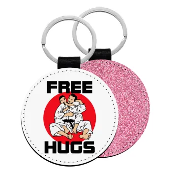 JUDO free hugs, Μπρελόκ Δερματίνη, στρογγυλό ΡΟΖ (5cm)