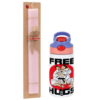 JUDO free hugs, Easter Set, Children's thermal stainless steel water bottle with safety straw, pink/purple (350ml) & Easter scented flat candle (30cm) (PINK)