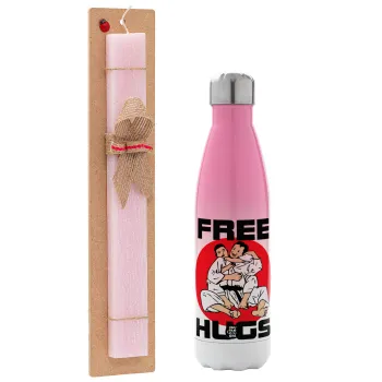 JUDO free hugs, Easter Set, Metallic pink/white (Stainless steel) thermos, double-walled, 500ml & aromatic flat Easter candle (30cm) (PINK)