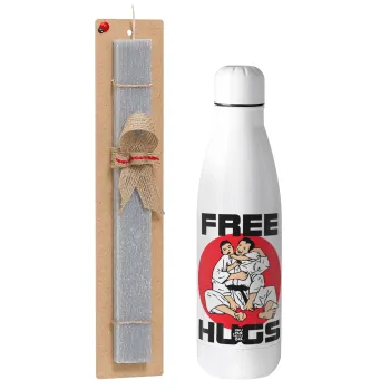 JUDO free hugs, Πασχαλινή Λαμπάδα με μεταλλικό παγούρι θερμός ανοξείδωτο (500ml) & κερί αρωματικό πλακέ (30cm) (ΓΚΡΙ)