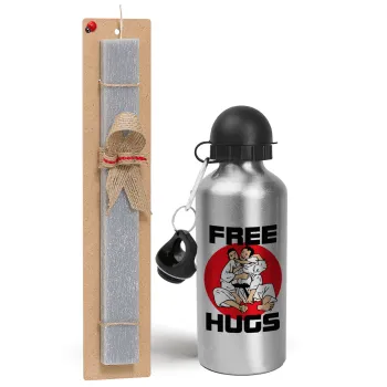 JUDO free hugs, Πασχαλινή Λαμπάδα με παγούρι μεταλλικό Ασημένιο αλουμινίου (500ml) & κερί αρωματικό πλακέ (30cm) (ΓΚΡΙ)
