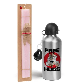 JUDO free hugs, Easter Set, metallic Silver aluminum water bottle (500ml) & scented flat Easter candle (30cm) (PINK)
