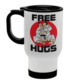 JUDO free hugs, Κούπα ταξιδιού ανοξείδωτη με καπάκι, διπλού τοιχώματος (θερμό) λευκή 450ml
