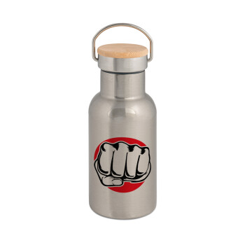 Γροθιά (punch), Μεταλλικό παγούρι θερμός (Stainless steel) Ασημένιο με ξύλινο καπακι (bamboo), διπλού τοιχώματος, 350ml