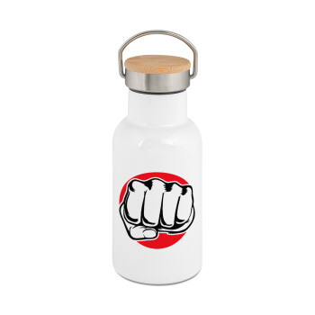 Γροθιά (punch), Μεταλλικό παγούρι θερμός (Stainless steel) Λευκό με ξύλινο καπακι (bamboo), διπλού τοιχώματος, 350ml