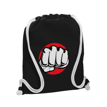 Γροθιά (punch), Τσάντα πλάτης πουγκί GYMBAG Μαύρη, με τσέπη (40x48cm) & χονδρά λευκά κορδόνια