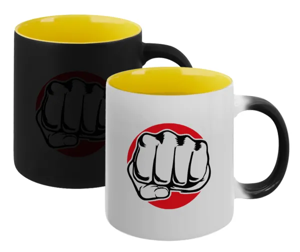 Γροθιά (punch) — Κούπα Μαγική εσωτερικό κίτρινη, κεραμική 330ml που αλλάζει χρώμα με το ζεστό ρόφημα