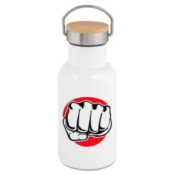 Punch, Metallic thermos (Stainless steel) White with wooden lid (bamboo), double-walled, 350ml