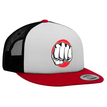 Punch, Adult Foam Flat Snapback with Mesh Red-White-Black (POLYESTER, ADULT, UNISEX, ONE SIZE)