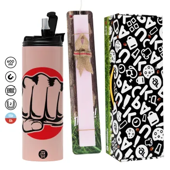 Γροθιά (punch), Πασχαλινή Λαμπάδα με  ΡΟΖ Travel Tumbler θερμό (600ml, BPA free) & κερί αρωματικό πλακέ (30cm) (ΡΟΖ)