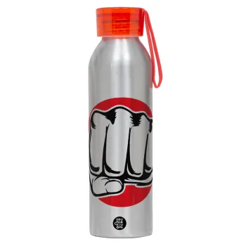 Γροθιά (punch), Αλουμινένιο Αθλητικό Μπουκάλι 650ml – Ασημί με Κόκκινο Καπάκι και Λουράκι Σιλικόνης