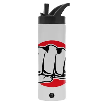 Γροθιά (punch), Μεταλλικό παγούρι θερμός με καλαμάκι & χειρολαβή, ανοξείδωτο ατσάλι (Stainless steel 304), διπλού τοιχώματος, 600ml