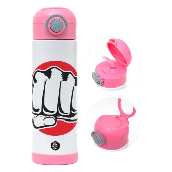 Γροθιά (punch), Παιδικό παγούρι θερμό, ανοξείδωτο, με καλαμάκι ασφαλείας, ΡΟΖ (500ml)