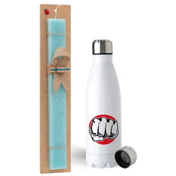 Punch, Easter Set, metallic stainless steel water bottle (750ml) & aromatic flat Easter candle (30cm) (TURQUOISE)