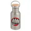 Stainless steel metallic thermos flask, silver with a bamboo lid, double-walled, 350ml.