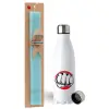 Easter Set, metallic stainless steel water bottle (750ml) & aromatic flat Easter candle (30cm) (TURQUOISE)