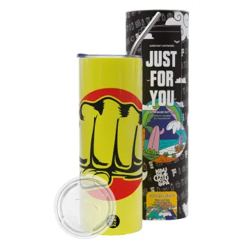 Γροθιά (punch), Neon Yellow Travel Tumbler θερμό, μεταλλικό καλαμάκι(Ανωξείδωτο 304 Food grade, BPA free, 600ml)