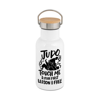 Judo Touch Me And Your First Lesson Is Free, Μεταλλικό παγούρι θερμός (Stainless steel) Λευκό με ξύλινο καπακι (bamboo), διπλού τοιχώματος, 350ml