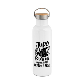 Judo Touch Me And Your First Lesson Is Free, Μεταλλικό παγούρι θερμός (Stainless steel) Λευκό με ξύλινο καπάκι (bamboo), διπλού τοιχώματος, 750ml