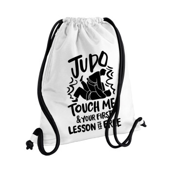 Judo Touch Me And Your First Lesson Is Free, Τσάντα πλάτης πουγκί GYMBAG λευκή, με τσέπη (40x48cm) & χονδρά κορδόνια