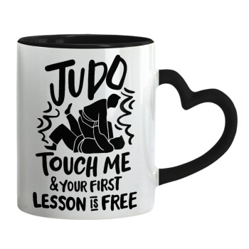 Judo Touch Me And Your First Lesson Is Free, Κούπα καρδιά χερούλι μαύρη, κεραμική, 330ml