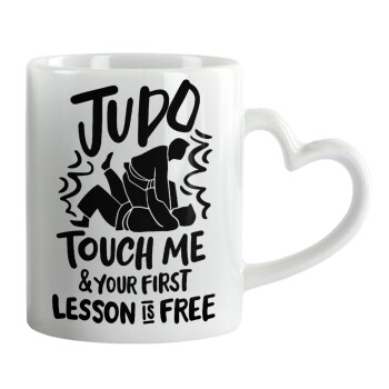 Judo Touch Me And Your First Lesson Is Free, Κούπα καρδιά χερούλι λευκή, κεραμική, 330ml
