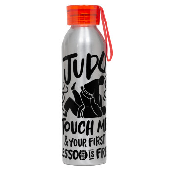 Judo Touch Me And Your First Lesson Is Free, Αλουμινένιο Αθλητικό Μπουκάλι 650ml – Ασημί με Κόκκινο Καπάκι και Λουράκι Σιλικόνης