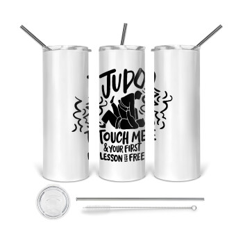 Judo Touch Me And Your First Lesson Is Free, Tumbler ποτήρι θερμό από ανοξείδωτο ατσάλι 600ml, με μεταλλικό καλαμάκι & βούρτσα καθαρισμού