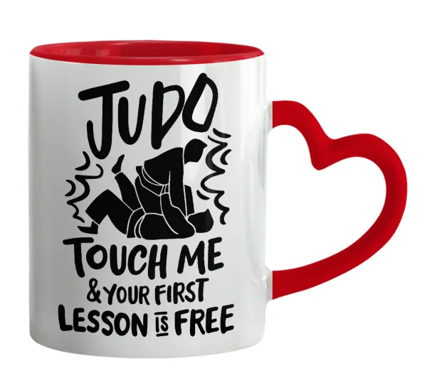 Judo Touch Me And Your First Lesson Is Free — Κούπα καρδιά χερούλι κόκκινη, κεραμική, 330ml