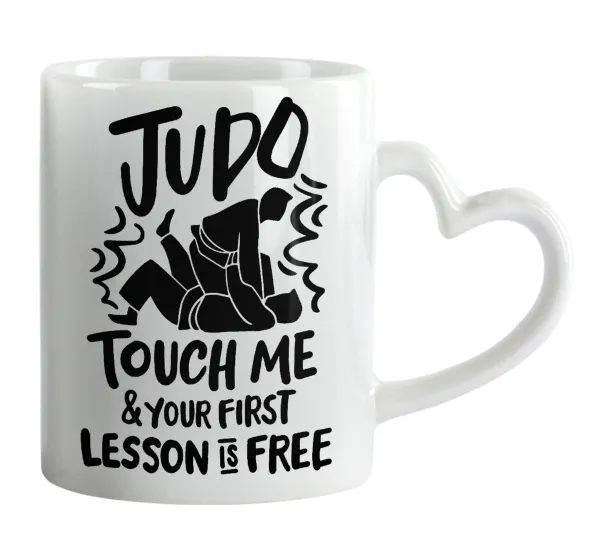 Judo Touch Me And Your First Lesson Is Free — Κούπα καρδιά χερούλι λευκή, κεραμική, 330ml