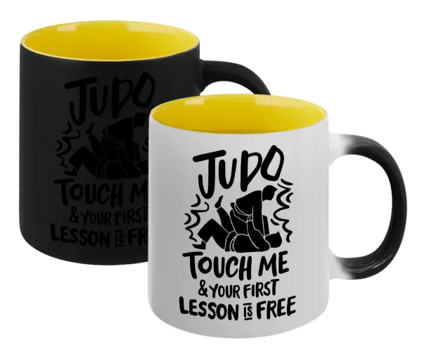 Judo Touch Me And Your First Lesson Is Free — Magic mug with yellow interior, ceramic, 330ml, changes colour with hot drinks