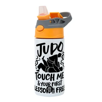 Judo Touch Me And Your First Lesson Is Free, Children's hot water bottle, stainless steel, with safety straw, Orange/Grey (360ml) BPA-FREE
