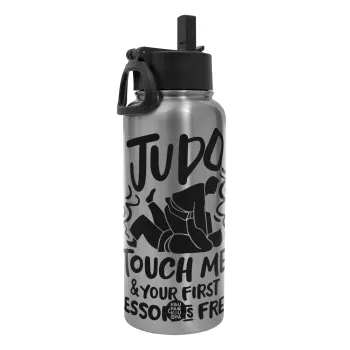 Judo Touch Me And Your First Lesson Is Free, Metal mug thermo Silver with Straw and Spout Lid (Stainless steel), double wall, 950ml
