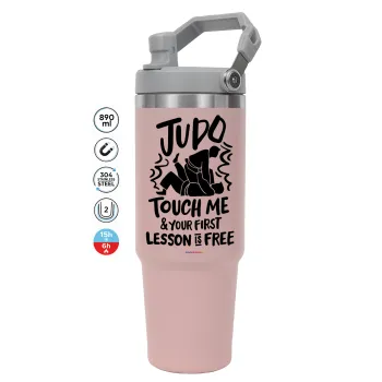 Judo Touch Me And Your First Lesson Is Free, Pink color, 890ml (30oz) stainless Steel Tumbler with Handle