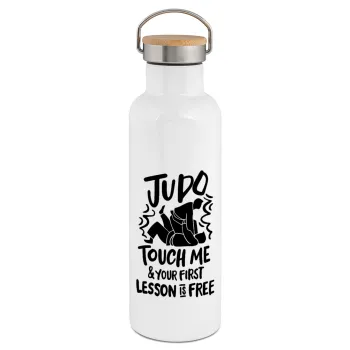 Judo Touch Me And Your First Lesson Is Free, Μεταλλικό παγούρι θερμός (Stainless steel) Λευκό με ξύλινο καπάκι (bamboo), διπλού τοιχώματος, 750ml