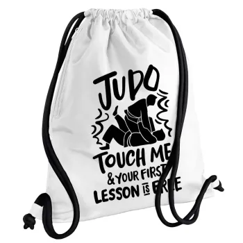 Judo Touch Me And Your First Lesson Is Free, Τσάντα πλάτης πουγκί GYMBAG λευκή, με τσέπη (40x48cm) & χονδρά κορδόνια