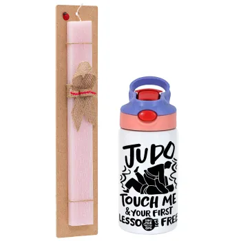 Judo Touch Me And Your First Lesson Is Free, Easter Set, Children's thermal stainless steel water bottle with safety straw, pink/purple (350ml) & Easter scented flat candle (30cm) (PINK)