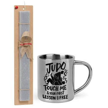 Judo Touch Me And Your First Lesson Is Free, Πασχαλινή Λαμπάδα με μεταλλική κούπα θερμό (300ml) & κερί αρωματικό πλακέ (30cm) (ΓΚΡΙ)