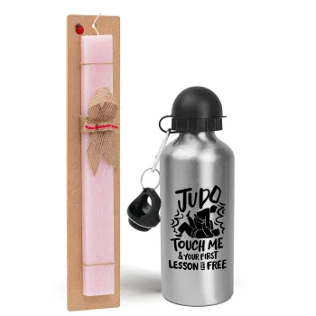 Judo Touch Me And Your First Lesson Is Free, Easter Set, metallic Silver aluminum water bottle (500ml) & scented flat Easter candle (30cm) (PINK)