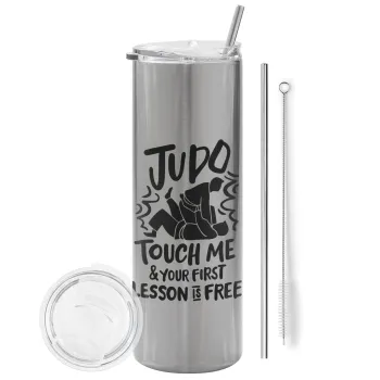 Judo Touch Me And Your First Lesson Is Free, Tumbler ποτήρι θερμό Ασημένιο από ανοξείδωτο ατσάλι 600ml, με μεταλλικό καλαμάκι & βούρτσα καθαρισμού