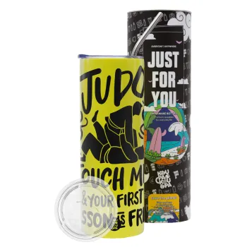 Judo Touch Me And Your First Lesson Is Free, Neon Yellow Travel Tumbler θερμό, μεταλλικό καλαμάκι(Ανωξείδωτο 304 Food grade, BPA free, 600ml)