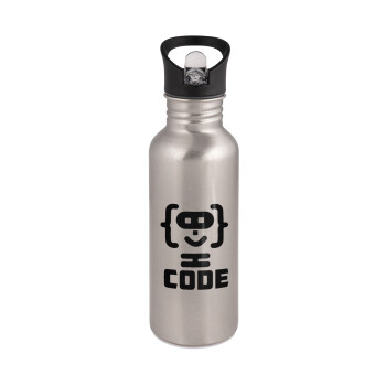 Code Heroes symbol, Water bottle Silver with straw, stainless steel 600ml