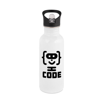 Code Heroes symbol, White water bottle with straw, stainless steel 600ml
